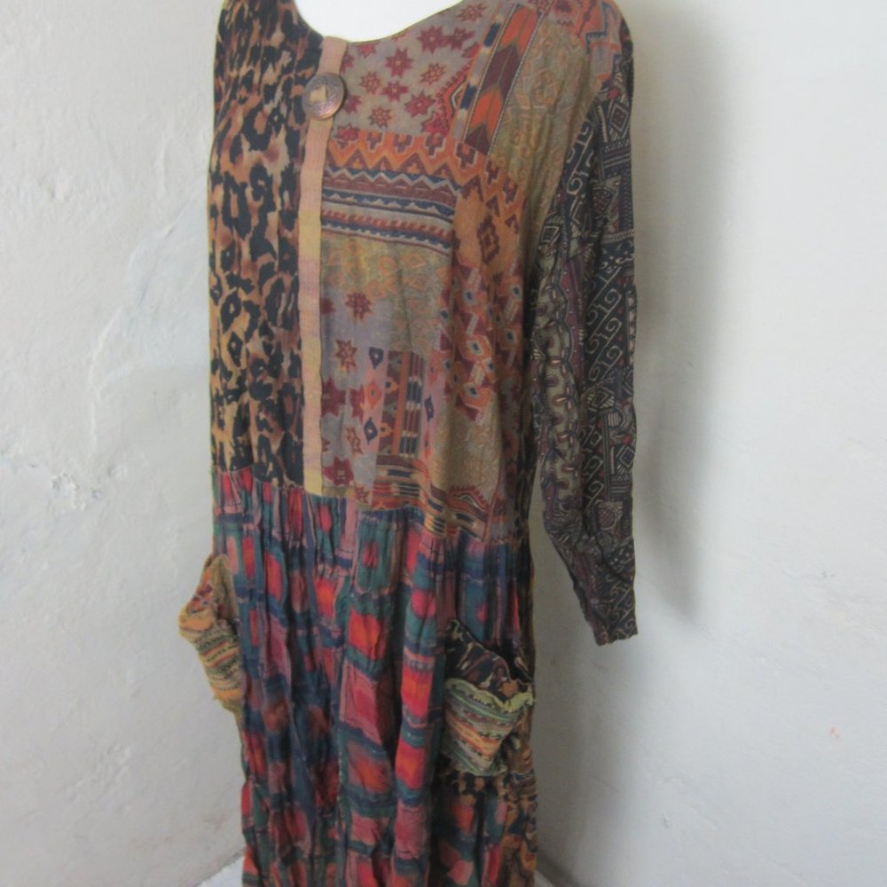 URU Hand Dyed Wearable Art Print Vintage 90s Midi Dress Women's OS